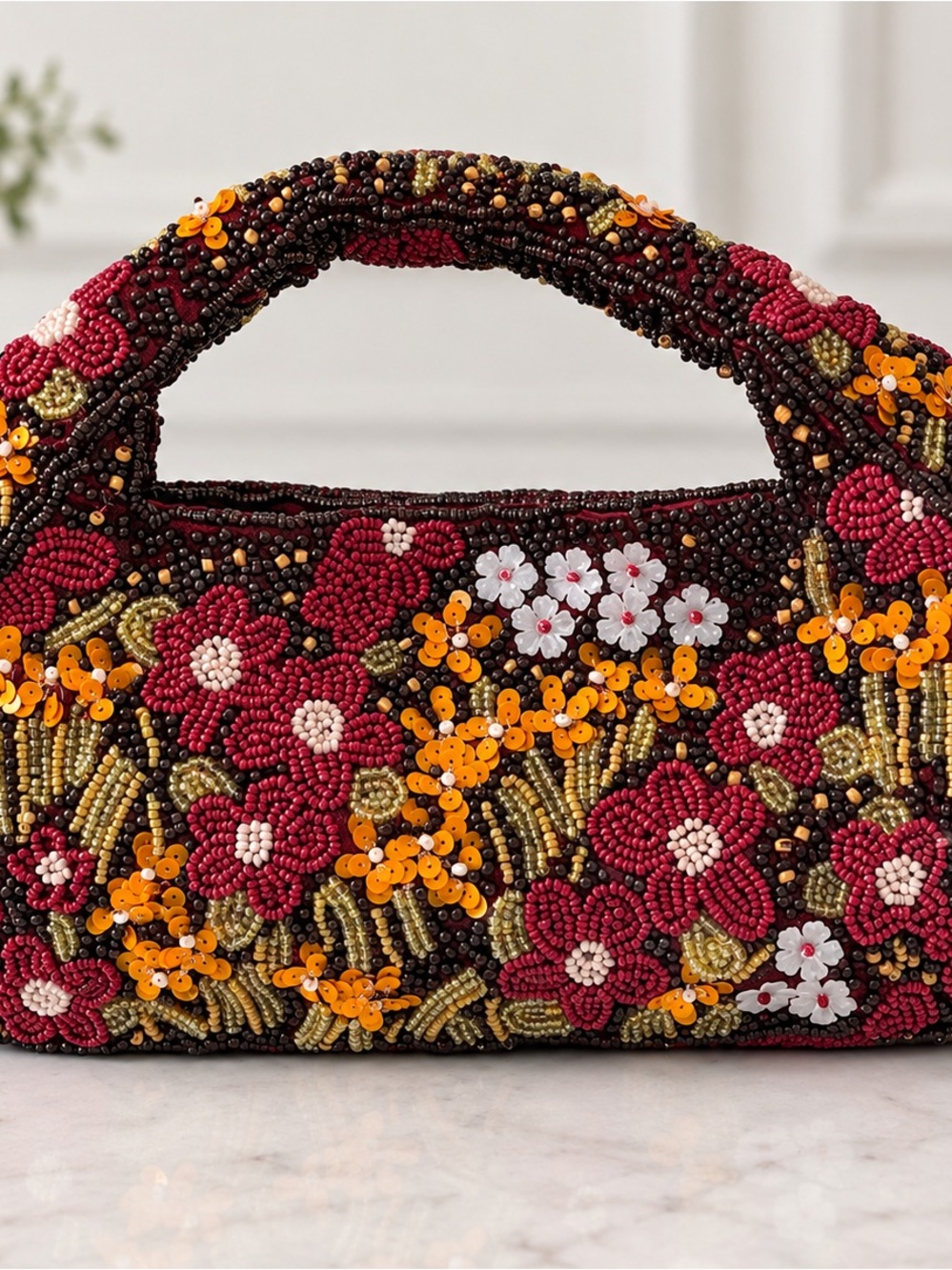 Sol and Mer Beaded Floral Handbag - Red & Orange